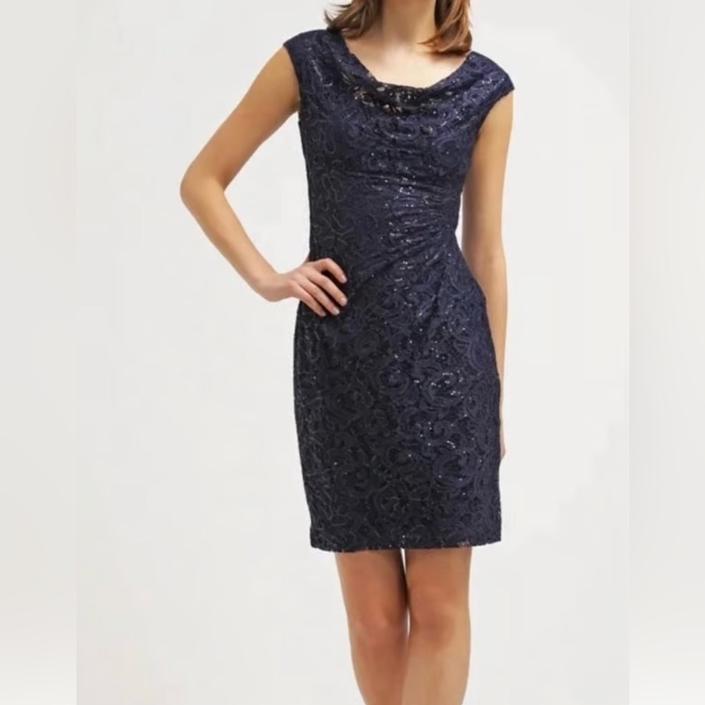 Lauren Ralph Lauren Dress Size 2 Navy Blue Sequined‎ Lace Cocktail Dress 💙